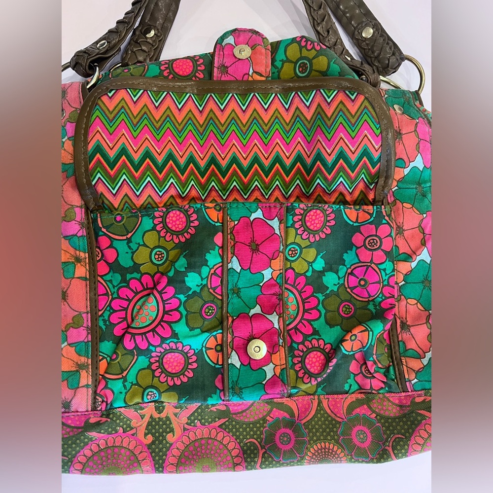 Loop retro floral top handle satchel mini duffel purse snap close envelope pkt - Picture 6 of 12